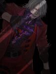  1boy bishounen blood blue_eyes coat dante_(devil_may_cry) devil_may_cry_(series) devil_may_cry_1 gloves hair_over_one_eye highres hsmt_masker jacket long_hair looking_at_viewer male_focus red_coat solo 