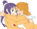  azuma_yukihiko blush brown_eyes brown_hair couple eyelashes futari_wa_precure_splash_star hair_bun half_updo hug hyuuga_saki long_hair looking_at_another mishou_mai multiple_girls precure purple_eyes purple_hair school_uniform short_hair simple_background sketch very_short_hair white_background yuri yuunagi_middle_school_uniform 