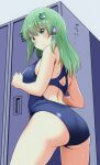  1girl absurdres ass blush breasts changing_room frog_hair_ornament green_eyes green_hair hair_ornament hair_tubes highres indoors kochiya_sanae kyanta5354 large_breasts locker locker_room long_hair one-piece_swimsuit school_swimsuit snake_hair_ornament swimsuit touhou 