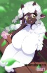  1girl animal_ears animal_nose artist_name blurry blurry_foreground body_fur braid braided_ponytail breasts bright_pupils brown_horns commentary_request completely_nude dark-skinned_female dark_skin dated day english_commentary english_text falling_leaves fluffy from_above furry furry_female gradient_hair grass hand_on_own_face hand_up highres horizontal_pupils horns huge_breasts inktober leaf legs_together long_hair looking_at_viewer looking_up mixed-language_commentary multicolored_hair multiple_braids neck_fur nude on_bench open_mouth outdoors partial_commentary peach-cup personification pokemon pokemon_(creature) raised_eyebrows sheep_ears sheep_girl sheep_horns sidelocks signature sitting solo teeth thick_eyebrows thick_thighs thighs tongue white_fur white_pupils wooloo yellow_eyes 
