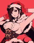  1girl alternate_costume armpits brown_hair capelet christmas corset dress final_fantasy final_fantasy_vii fur-trimmed_capelet fur-trimmed_skirt fur_trim gloves hand_on_own_head hat long_hair moshimoshibe red_eyes santa_hat skirt solo tifa_lockhart 