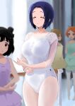  4girls ^_^ ahoge ballet_dress barre blush breasts closed_eyes dress forehead highres hitodama_(madatohi) idolmaster idolmaster_(classic) idolmaster_million_live! indoors large_breasts light_smile miura_azusa multiple_girls nakatani_iku ogami_tamaki short_hair solo_focus suou_momoko white_dress 