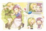  &gt;_&lt; 1boy 1girl aqua_eyes blonde_hair blue_eyes blush boots chibi child commentary covering_mouth dress flying_sweatdrops grass green_shorts hat highres link long_dress lying on_side photo_(object) princess_zelda shorts signature sleeping the_legend_of_zelda the_legend_of_zelda:_ocarina_of_time trembling waking_up young_link young_zelda yun_(dl2n5c7kbh8ihcx) 