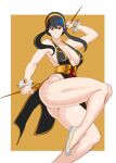  1girl black_dress black_hair china_dress chinese_clothes chun-li collar cosplay dagger dress highres knife leg_up looking_at_viewer medium_hair muscular muscular_female octavius_(octavius_dp) red_eyes smile spiked_collar spikes spy_x_family stiletto_(weapon) street_fighter street_fighter_v thick_thighs thighs weapon yor_briar 