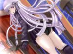  ass black_panties boots danganronpa danganronpa_1 gloves jacket kirigiri_kyouko long_hair looking_back nullhachi panties purple_eyes purple_hair solo thighs underwear very_long_hair 