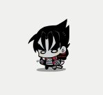  1boy black_hair black_pants blank_eyes blush chibi gloves grey_background grey_shirt hands_on_own_hips kazama_jin kotorai male_focus muted_color no_nose pants red_gloves shirt signature simple_background solo standing tekken thick_eyebrows 