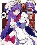  1girl absurdres blush closed_mouth crescent crescent_hat_ornament hat hat_ornament highres long_hair looking_at_viewer mob_cap multiple_views patchouli_knowledge purple_eyes purple_hair shirt sleeves_past_fingers sleeves_past_wrists touhou white_headwear white_shirt you_(noanoamoemoe) 