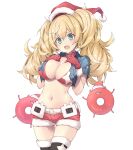  1girl bikini blonde_hair blue_eyes blush breast_pocket breasts cleavage cowboy_shot enemy_lifebuoy_(kancolle) fur-trimmed_headwear fur_trim gambier_bay_(kancolle) gloves hair_between_eyes hat highres kantai_collection large_breasts long_hair open_mouth pocket red_bikini red_gloves red_headwear sakana_(flame_sakana) santa_costume santa_gloves santa_hat short_sleeves swimsuit twintails white_background 