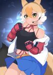  1girl animal_ears belt blonde_hair camisole cosplay coyote_(kemono_friends) extra_ears fingerless_gloves gloves highres illu_(illu_stratos) jacket kemono_friends kemono_friends_v_project leo_kliesen leo_kliesen_(cosplay) looking_at_viewer microphone parody short_hair shorts simple_background skirt solo tail tekken virtual_youtuber wolf_ears wolf_girl wolf_tail yellow_eyes 