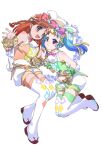  2girls :d animal_ears animal_print bare_shoulders blonde_hair blue_eyes blue_hair blush boots bow braid breasts cat_hair_ornament commentary_request fake_animal_ears flat_chest flower full_body gem green_thighhighs hair_bow hair_ornament hibino_matsuri holding_hands long_hair looking_at_viewer medium_breasts multicolored_hair multiple_girls myamu open_mouth orange_hair orange_shirt orange_thighhighs paw_shoes pink_bow pretty_series purple_eyes rabbit_ears rose shirt shorts side_braid simple_background smile streaked_hair thigh_boots thighhighs twintails waccha_primagi! white_background white_footwear white_shorts yadehi 