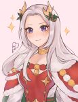  1girl artist_name bell breasts cape dress edelgard_von_hresvelg edelgard_von_hresvelg_(snowfall_future) fake_horns fire_emblem fire_emblem:_three_houses fire_emblem_heroes gold_choker highres horns long_hair looking_at_viewer neck_bell official_alternate_costume purple_eyes purrlucii red_cape red_dress small_breasts smile solo star_(symbol) white_background white_hair 
