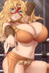  1girl absurdres arm_up blonde_hair blue_eyes blurry blurry_background blush breasts chain-link_fence choker cleavage closed_mouth commentary_request fence foreshortening fuurinji_miu highres huge_breasts long_hair looking_at_viewer navel orange_panties orange_shirt panties pointing pointing_at_viewer shijou_saikyou_no_deshi_ken&#039;ichi shirt skywalker0610 solo standing underwear wavy_hair wrestling_mask wrestling_outfit wrestling_ring 