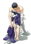  1boy barefoot bent_over bite_mark black_hair clothes fushiguro_touji green_eyes hickey highres holding holding_clothes jujutsu_kaisen looking_at_viewer muscular muscular_male nude pants sashiyu scar scar_on_face scar_on_mouth shirt socks solo white_socks 