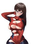  1girl animal_print aqua_eyes black_hair blush bodysuit breasts closed_mouth cosplay dzombi glasses highres large_breasts long_hair marvel multicolored_bodysuit multicolored_clothes navel spider-man spider-man_(cosplay) spider-man_(series) spider_print spider_web_print torn_clothes upper_body white_background 