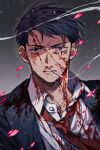  1boy bags_under_eyes black_hair black_jacket blood blood_on_chest blood_on_clothes blood_on_face blue_eyes cigarette collarbone collared_shirt gegege_no_kitarou grey_background highres jacket kitarou_tanjou:_gegege_no_nazo looking_at_viewer male_focus mizuki_(gegege_no_kitarou) mouth_hold necktie nive_(dn) petals red_necktie scar scar_across_eye shirt short_hair smoke solo upper_body white_shirt 