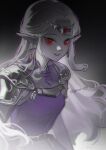  1girl absurdres armor artist_name chinese_commentary commentary_request dark_background dark_persona dress earrings evil_smile gold_armor highres jewelry long_hair looking_at_viewer pale_skin pointy_ears princess_zelda purple_dress red_eyes shoulder_pads signature smile solo the_legend_of_zelda the_legend_of_zelda:_ocarina_of_time tiara triforce_earrings upper_body weibo_logo weibo_username yun_(dl2n5c7kbh8ihcx) 