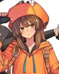  1girl adjusting_clothes adjusting_headwear anchor brown_hair cabbie_hat ebi_pri_shrimp fingerless_gloves gloves guilty_gear guilty_gear_strive hat hat_ornament holding holding_anchor hood hoodie long_hair long_sleeves looking_at_viewer may_(guilty_gear) orange_eyes orange_headwear orange_hoodie skull_and_crossbones skull_hat_ornament 