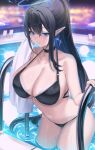  1girl bare_arms bare_legs bare_shoulders bikini black_bikini black_hair blue_archive blue_eyes blue_hair blue_halo blush breasts cleavage collarbone colored_inner_hair cowboy_shot earrings giga-tera halo highres jewelry large_breasts long_hair looking_at_viewer multicolored_hair navel no_eyewear open_mouth pointy_ears ponytail pool rin_(blue_archive) solo swimsuit very_long_hair water wet white_towel 
