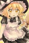  1girl absurdres apron black_headwear black_shirt black_skirt blonde_hair bow broom broom_riding frilled_skirt frills hair_bow hat hat_bow highres kirisame_marisa maa_(forsythia1729) puffy_short_sleeves puffy_sleeves shirt short_sleeves skirt smile solo touhou white_apron white_bow witch_hat yellow_eyes 