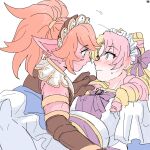  2girls blonde_hair blush bow bowtie brown_gloves cafe_cuties_gwen cafe_cuties_poppy closed_mouth colored_skin dress eye_contact gloves gwen_(league_of_legends) headdress highres league_of_legends long_hair looking_at_another maid_headdress multiple_girls pink_hair pink_skin pointy_ears poppy_(league_of_legends) purple_bow purple_bowtie purple_dress simple_background white_background white_dress xayahsona_27 yuri 