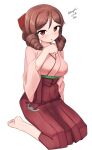  1girl absurdres barefoot bow brown_hair drill_hair full_body hair_bow hakama harukaze_(kancolle) highres japanese_clothes kantai_collection kimono looking_at_viewer maru_(marg0613) meiji_schoolgirl_uniform one-hour_drawing_challenge pink_kimono red_bow red_eyes red_hakama seiza simple_background sitting solo twin_drills white_background 