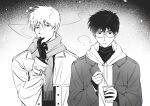  2boys akagi:_yami_ni_oritatta_tensai akagi_shigeru alternate_costume bespectacled cigarette coat coffee_cup commentary_request cup disposable_cup fukumoto_mahjong glasses gloves greyscale hair_between_eyes highres hood hoodie long_bangs looking_at_viewer looking_down male_focus monochrome multiple_boys open_mouth scarf short_hair smoking stirrer suefu tobaku_haouden_zero turtleneck ukai_zero upper_body winter_clothes 