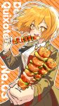 1girl black_coat blonde_hair coat collared_shirt don_quixote_(project_moon) food highres holding holding_food holding_skewer limbus_company long_sleeves necktie open_mouth pikett_iv project_moon red_necktie shirt short_hair skewer smile solo sparkling_eyes white_shirt yakitori yellow_eyes 