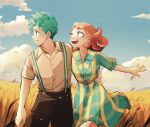  1boy 1girl belt blue_sky boku_no_hero_academia brown_eyes brown_hair cloud couple dating dress field green_eyes green_hair hand_on_another&#039;s_waist hetero highres midoriya_izuku open_mouth reallyveverka short_hair signature sky smile uraraka_ochako wheat_field 