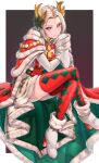  1girl absurdres aduti_momoyama bell boots border christmas closed_mouth dress edelgard_von_hresvelg edelgard_von_hresvelg_(snowfall_future) elbow_rest fire_emblem fire_emblem:_three_houses fire_emblem_heroes fur-trimmed_dress fur-trimmed_footwear fur_trim gloves high_heels highres horns jingle_bell long_hair looking_at_viewer mistletoe official_alternate_costume purple_eyes santa_costume sitting solo thighs white_border white_gloves white_hair zettai_ryouiki 