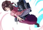  1girl boots bow brown_hair drill_hair dutch_angle from_above gegeron hair_bow hakama harukaze_(kancolle) high_heel_boots high_heels highres japanese_clothes kantai_collection machinery meiji_schoolgirl_uniform red_bow red_eyes red_hakama solo wide_sleeves 