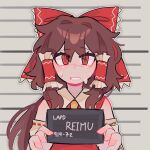  1girl arleccluv barbie_(franchise) barbie_(live_action) barbie_mugshot_(meme) bow brown_hair character_name commentary detached_sleeves english_commentary hair_bow hair_tubes hakurei_reimu height_mark highres holding holding_sign ibispaint_(medium) long_hair looking_at_viewer meme mugshot red_bow red_eyes sign solo touhou upper_body 