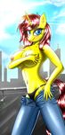  anthro anthrofied blue_eyes blush breasts clothing equine female fur hair horn horse looking_at_viewer mammal metalfoxxx my_little_pony original_character panties pants pink_hair pony smile solo topless underwear unicorn yellow_fur 