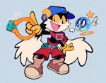 2022 4_fingers anthro bandai_namco belt black_body black_fur blue_background clothing duo fangs fingers footwear fur gloves handwear happy huepow hybrid klonoa klonoa_(series) looking_at_viewer lumspark male open_mouth pac-man pac-man_(series) simple_background teeth yellow_clothing yellow_eyes yellow_gloves yellow_handwear