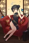  1girl bare_shoulders black_dress black_gloves black_hair blue_archive blush braid braided_bun breasts briefcase bug butterfly butterfly_hair_ornament china_dress chinese_clothes couch double_bun dragon_print dress folding_fan gloves grey_eyes hair_bun hair_ornament half_gloves halo hand_fan high_heels highres kisaki_(blue_archive) long_hair looking_at_viewer pelvic_curtain short_dress side_slit sitting small_breasts solo spark_(spark845) twintails 