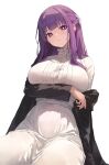  1girl absurdres arm_under_breasts black_robe blunt_bangs breasts dress fern_(sousou_no_frieren) hair_ornament highres large_breasts looking_at_viewer off_shoulder parted_lips purple_eyes purple_hair robe simple_background solo sousou_no_frieren toi1et_paper white_background white_dress 