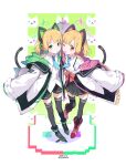  2girls ;d absurdres animal_ear_headphones animal_ears black_shorts black_skirt black_thighhighs blue_archive blue_necktie blunt_bangs cat_ear_headphones cat_tail cheek-to-cheek coat collared_shirt fake_animal_ears green_eyes hair_ribbon halo headphones heads_together highres holding_hands long_sleeves looking_at_viewer midori_(blue_archive) momoi_(blue_archive) multiple_girls necktie one_eye_closed open_clothes open_coat outstretched_arms parted_bangs pleated_skirt red_eyes ribbon school_uniform shirt short_hair short_shorts shorts siblings sidelocks simple_background sisters skirt smile spread_arms suspender_skirt suspenders tail thighhighs tress_ribbon twins white_coat white_shirt wide_sleeves you_guo_chaocai zettai_ryouiki 