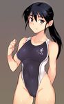  anchor_symbol ass_visible_through_thighs black_eyes black_hair blush breasts competition_swimsuit em highleg highleg_swimsuit kitagou_fumika large_breasts long_hair one-piece_swimsuit ponytail solo swimsuit world_witches_series 