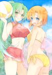  2girls :3 absurdres ball beachball bikini blue_eyes blush closed_mouth green_eyes green_hair highres higurashi_no_naku_koro_ni higurashi_no_naku_koro_ni_mei holding holding_ball holding_beachball innertube long_hair multiple_girls open_mouth orange_hair outdoors painting_(medium) ponytail ryuuguu_rena short_hair side-tie_bikini_bottom smile sonozaki_mion sweet_miuk_tea swimsuit traditional_media watercolor_(medium) 