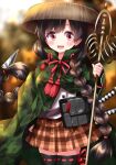  1girl :d ajirogasa alternate_costume black_hair black_thighhighs blurry blurry_background braid brown_headwear brown_skirt commentary_request hat highres holding holding_staff long_hair looking_at_viewer open_mouth plaid plaid_skirt red_eyes ribbon-trimmed_legwear ribbon_trim ruu_(tksymkw) skirt smile solo staff thighhighs touhou twin_braids yatadera_narumi 