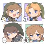  ... :&lt; blonde_hair blue_eyes brown_hair chibi commentary copyright_request earrings frown head_rest highres holding instrument jewelry link multiple_persona ocarina open_mouth smile spoken_ellipsis spoken_squiggle squiggle the_legend_of_zelda the_legend_of_zelda:_breath_of_the_wild the_legend_of_zelda:_ocarina_of_time the_legend_of_zelda:_twilight_princess wolf_link yun_(dl2n5c7kbh8ihcx) 