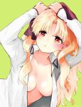  1girl adjusting_hair azumi_(myameco) blonde_hair breasts collarbone ereshkigal_(fate) fate/grand_order fate_(series) green_background hair_ribbon long_hair medium_breasts no_bra open_clothes open_shirt red_eyes red_ribbon ribbon shirt simple_background solo upper_body white_shirt 
