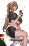  1girl arm_support artist_name bags_under_eyes blurry blurry_foreground blush breasts brown_hair can closed_mouth doritos dot_mouth dr_pepper drink feet_out_of_frame from_side furrowed_brow hair_between_eyes highres holding holding_can huge_breasts long_hair looking_at_viewer looking_to_the_side neet_girl_(noiretox) noiretox original plump ponytail pringles pringles_can puff_of_air shirt short_sleeves shorts sidelocks simple_background sitting solo straddling sweat t-shirt thick_thighs thighs 