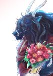  1boy absurdres black_hair bouquet closed_eyes commentary_request dragon_boy dragon_ears dragon_horns fangs fangs_out furry furry_male highres holding holding_bouquet horns male_focus pointy_ears profile ryuu_(ryuu_to_sobakasu_no_hime) ryuu_to_sobakasu_no_hime smile upper_body warori_anne white_background 