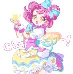  1girl :3 :d blue_bow blush bow bubble_skirt center_frills double_bun dress earrings frills hair_bow hair_bun hair_ornament hands_up heart heart_hair_ornament highres jewelry kiracchu_(pri_chan) kiratto_pri_chan looking_at_viewer open_mouth pink_dress pink_hair pouch pretty_series puffy_short_sleeves puffy_sleeves short_sleeves simple_background skirt smile solo standing star-shaped_pupils star_(symbol) symbol-shaped_pupils tail white_background wrist_cuffs yadehi yellow_eyes 