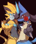 ambiguous_gender anthro blue_body blue_fur claws duo enon flower flower_in_mouth fur generation_4_pokemon generation_7_pokemon hi_res legendary_pokemon looking_at_viewer lucario nintendo plant pokemon pokemon_(species) rose_(flower) rose_in_mouth yellow_body yellow_fur zeraora