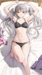  1girl absurdres bare_shoulders blush bra breasts full_body gibun_(sozoshu) highres long_hair looking_at_viewer lying medium_breasts monogatari_(series) navel oikura_sodachi on_back on_bed open_mouth panties solo thighs underwear 