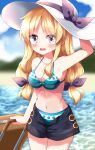  1girl aqua_bikini beach bikini black_skirt blonde_hair blue_sky blurry blurry_background bow breasts cleavage commentary_request hand_on_headwear hat hat_bow highres large_breasts long_hair looking_at_viewer louise_(touhou) navel ocean open_mouth outdoors purple_bow ruu_(tksymkw) skirt sky solo swimsuit tearing_up touhou touhou_(pc-98) white_headwear 