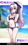  .live 1girl absurdres alternate_costume alternate_hairstyle arms_behind_back beach breasts carro_pino character_name cleavage collarbone commentary_request highres long_hair looking_at_viewer navel ocean outdoors ponytail purple_eyes purple_hair sky small_breasts smile solo swimsuit thighs virtual_youtuber zebrablack 