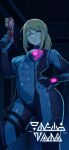  1girl abs blonde_hair blue_bodysuit blue_eyes blurry blurry_background bodysuit breasts commission covered_abs covered_navel gun hair_between_eyes hand_on_own_hip handgun highres holding holding_gun holding_weapon holster indoors jetblaackk long_hair looking_at_viewer medium_breasts metroid mole mole_under_mouth paralyzer parted_lips ponytail samus_aran sidelocks skin_tight solo stun_gun teeth thigh_holster toned weapon zero_suit 