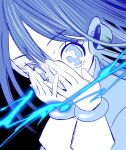  1girl black_background blue_eyes blue_hair blue_theme covering_face electricity gloves hands_on_own_face hands_up headgear highres long_hair monochrome original own_hands_together solo sweat upper_body urokogaran white_gloves 